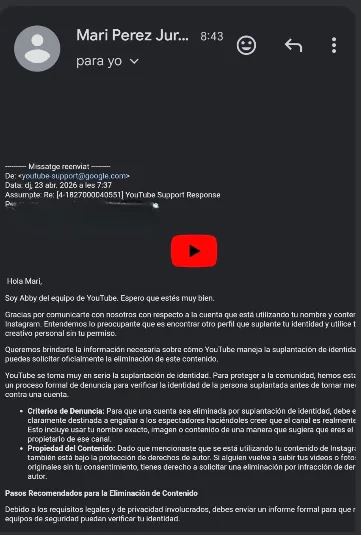 Email del equipo de soporte de YouTube respondiendo sobre la suplantación de identidad del canal de Mari