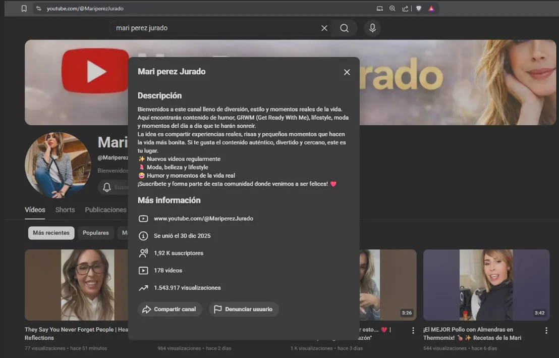 Canal impostor @MariperezJurado: 178 vídeos y 1,9K suscriptores usando la identidad de Mari